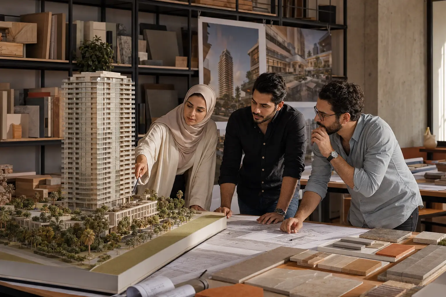 Architecture team collaborating around a detailed property model