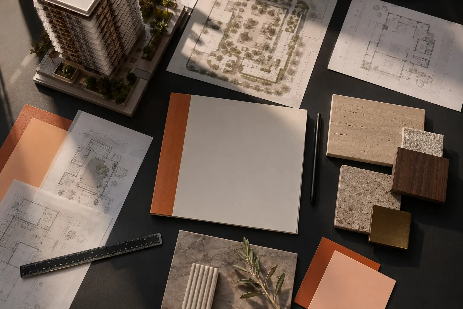 Real-estate launch team organizing project material in a collaborative workspace