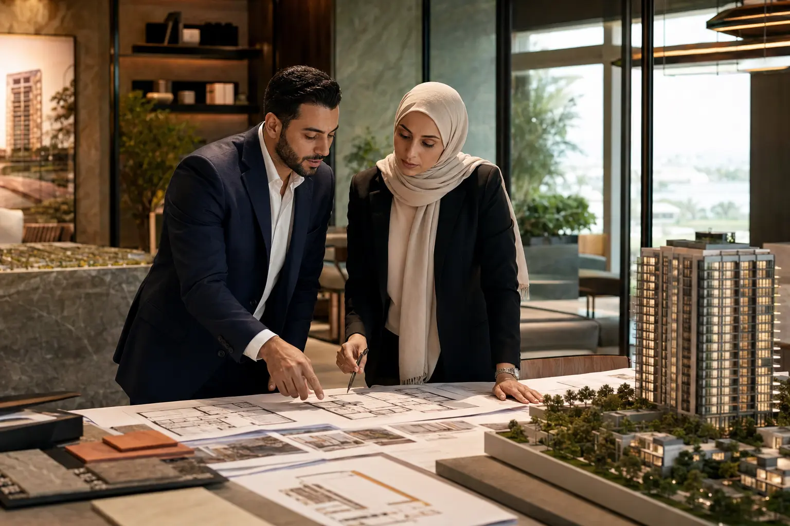 Property professionals reviewing projects and architectural plans in a sales gallery