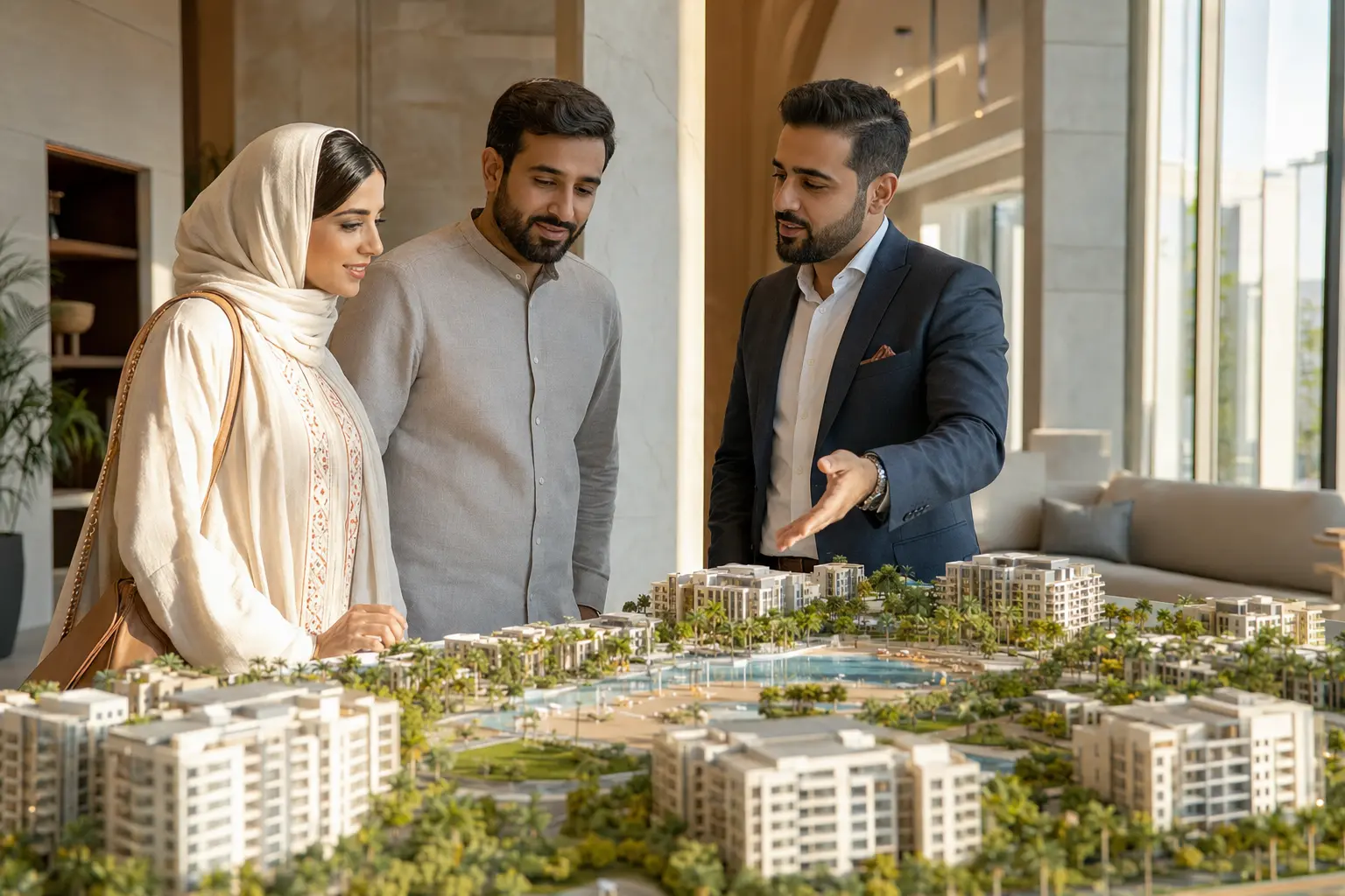 Buyer exploring an architectural model in a refined property sales centre