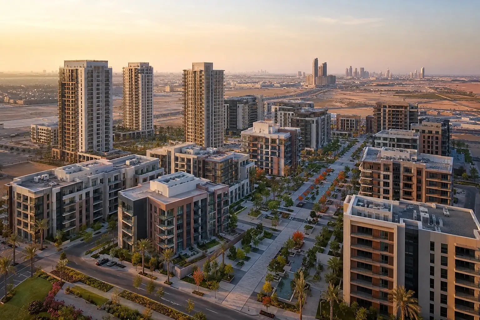 Aerial view of a contemporary mixed-use property development at sunrise