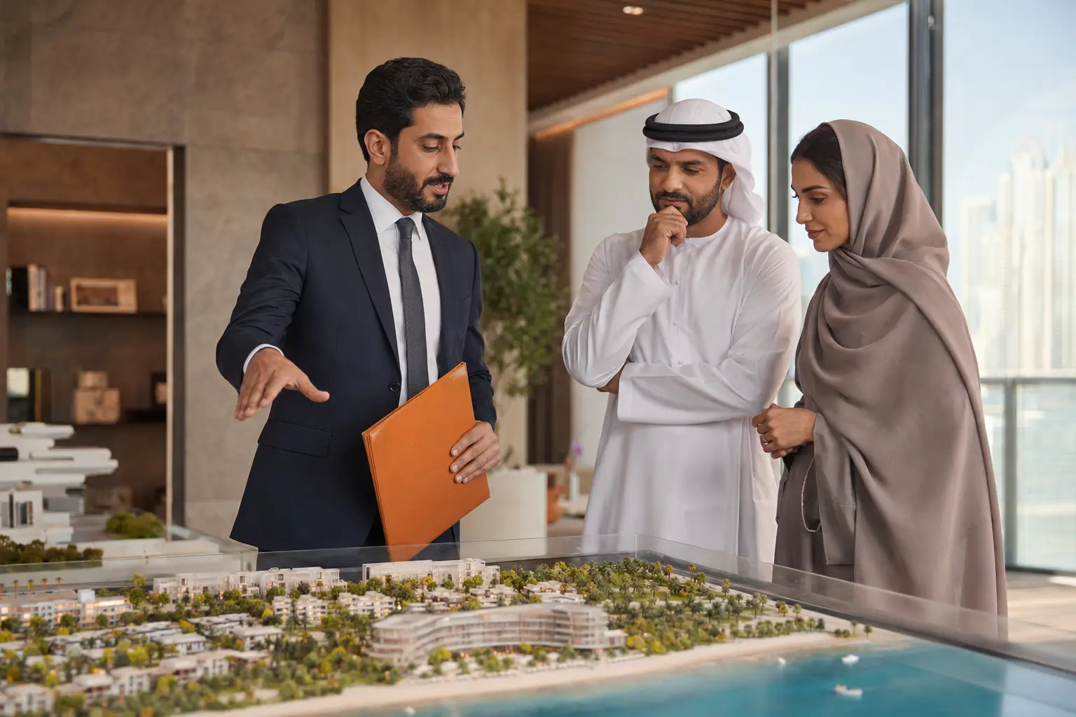 Real-estate broker advising clients beside a property model in a modern sales gallery