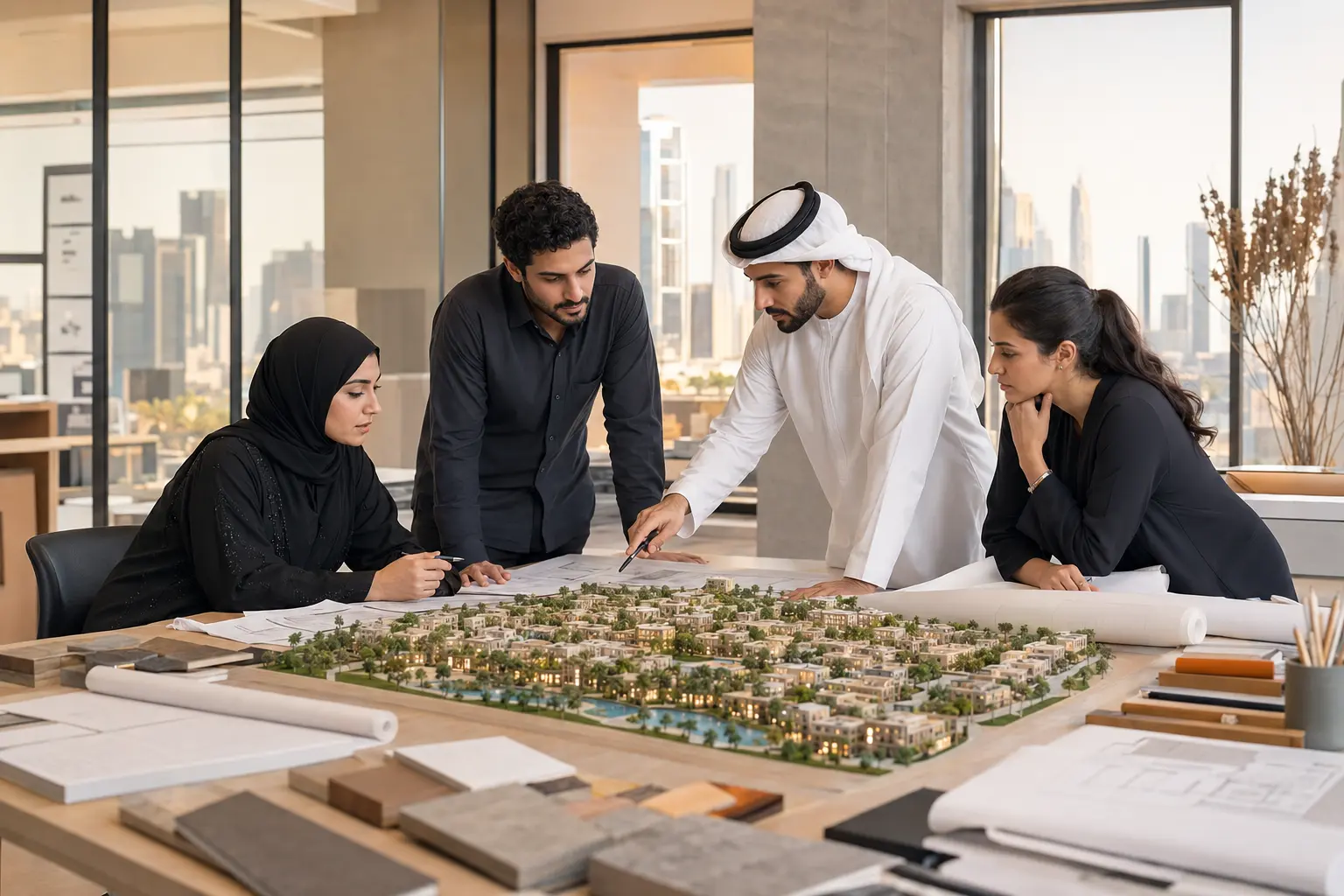 Architecture and visualization team reviewing a development model in a contemporary studio